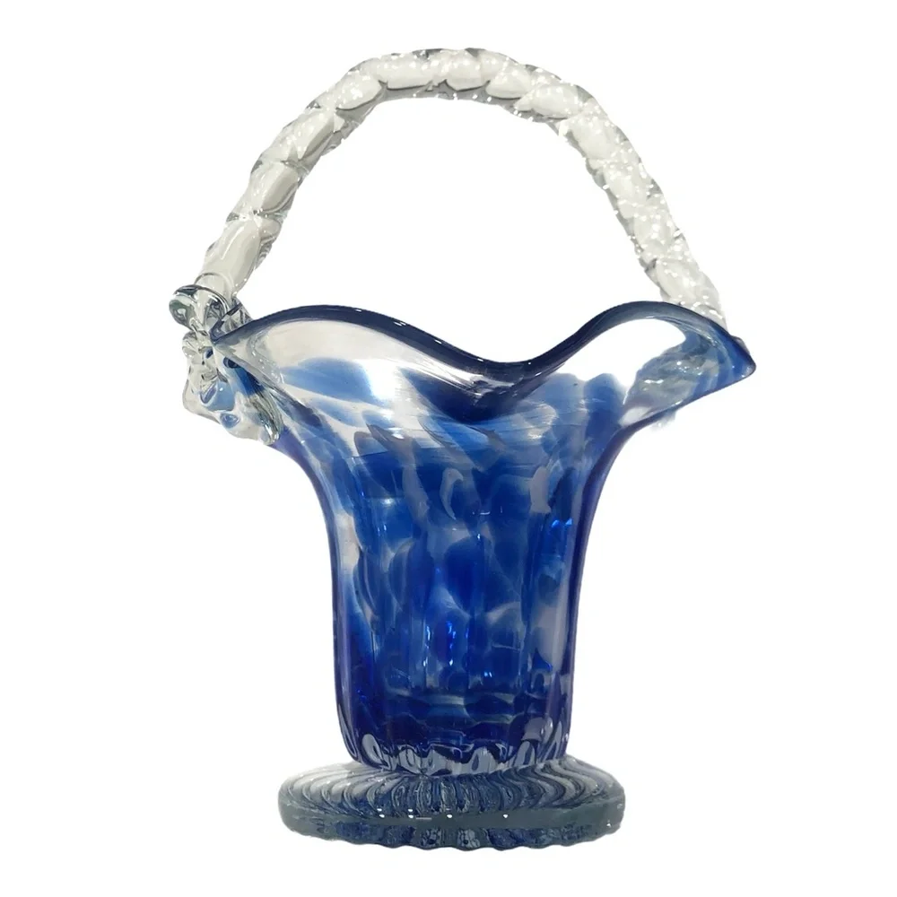 BLUE & CLEAR GLASS BASKET WITH RUFFLED WAVY EDGES